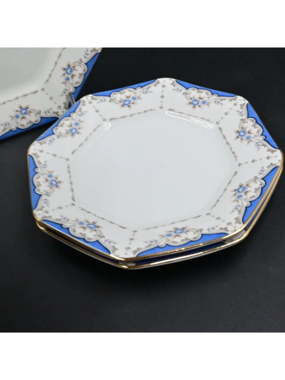Seizan Mood Indigo 7936 Octagonal Salad/Bread Plates Japan Set of 4 Vintage 8